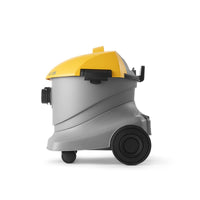 Aspirateur Ghibli V15 vue latérale avec cuve grise, capot jaune et grandes roues arrière