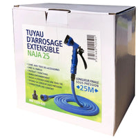 Tuyau d'arrosage extensible en gaine textile haute résistance.
