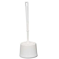 Ensemble WC blanc avec brosse et socle en plastique.