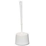 Ensemble WC blanc avec brosse et socle en plastique.